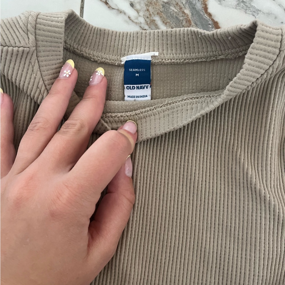Beige Ribbed Short Sleeve Top - Picture 2 of 2